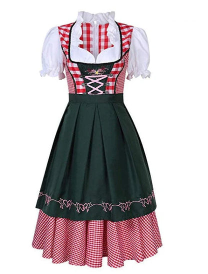 Authentic Oktoberfest dirndl dress with apron and ribbon in red denim, featuring traditional Bavarian-inspired design and comfortable polyester fabric
