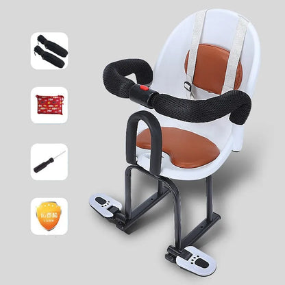 Front child seat for electric scooters with black steel frame measuring 20cm by 20cm by 53cm
