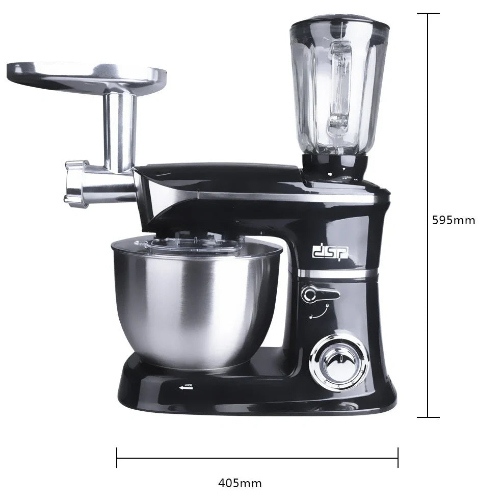 Black and white three-in-one kitchen machine with 6.5L bowl, aluminium attachments, and tilt-head design