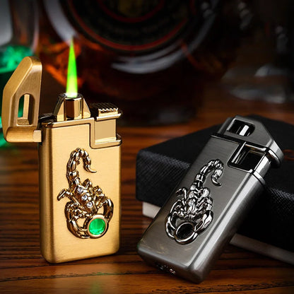 Scorpion Chip Gas Lighter with zinc alloy housing in gold or silver finish, 65mm length