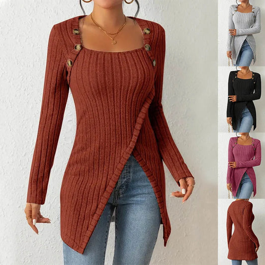 Women's square collar knitted top with button design in various colors