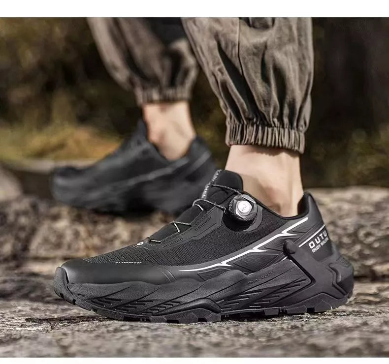 Outdoor mountaineering sneakers in black, camel, and silver with waterproof and breathable features