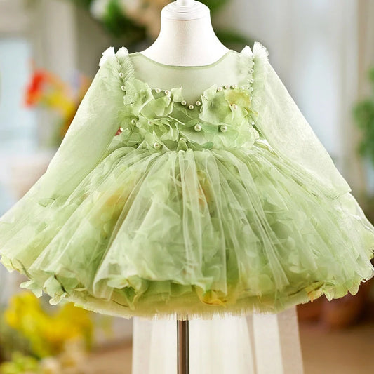 Mori Style Girl's Peanut Day Princess Dress in MHA100 green with princess design, showing 9 height size options