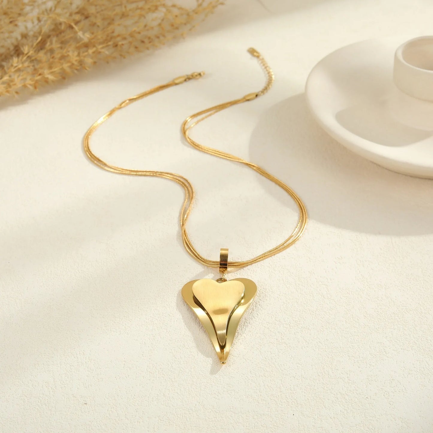 Women's stainless steel double heart necklace with snake bones chain, 18K electroplated in gold or steel finish