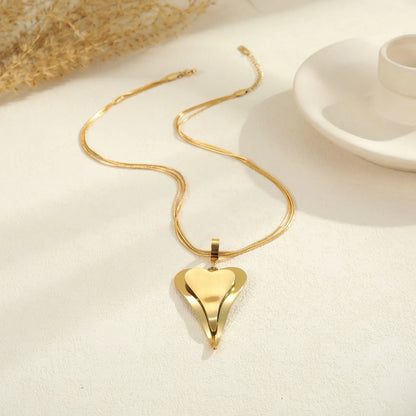 Women's stainless steel double heart necklace with snake bones chain, 18K electroplated in gold or steel finish