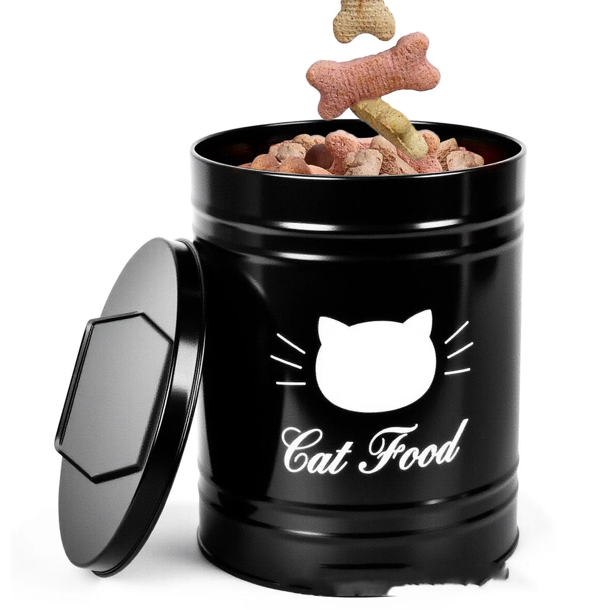 Round metal can with secure lid for dry food storage, showing black and white inner box options