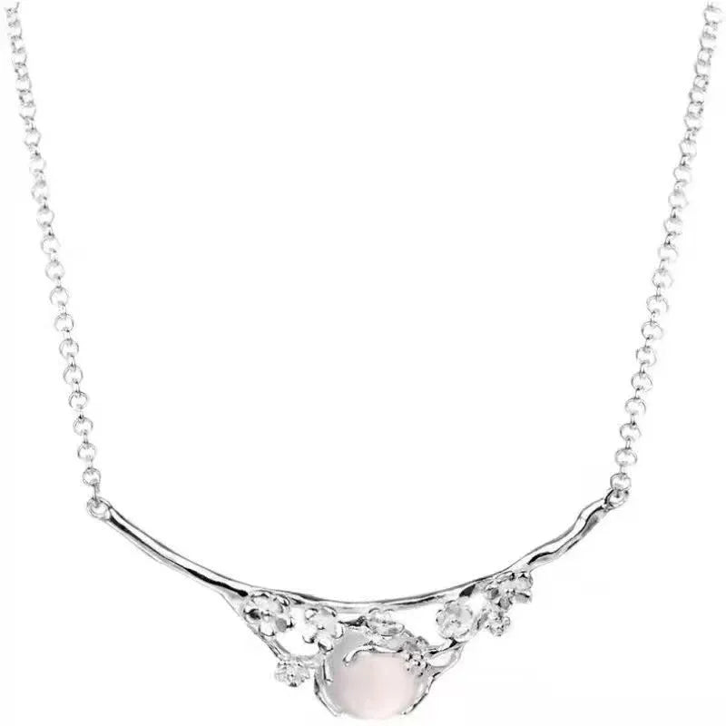 White gold colour copper necklace with moonlight white chalcedony inlay, cross chain, and moon shadow cold plum design