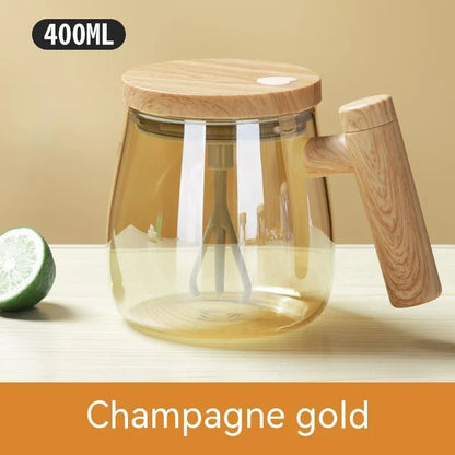Clear borosilicate glass self-stirring coffee mug with 400ml capacity and electric mixing button
