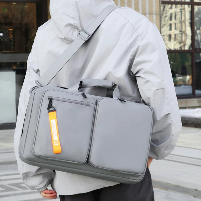 Versatile business laptop backpack with large capacity, USB charging port, and stylish design in gray and black colors