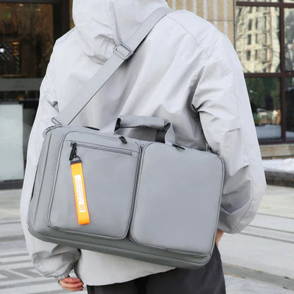 Versatile business laptop backpack with large capacity, USB charging port, and stylish design in gray and black colors