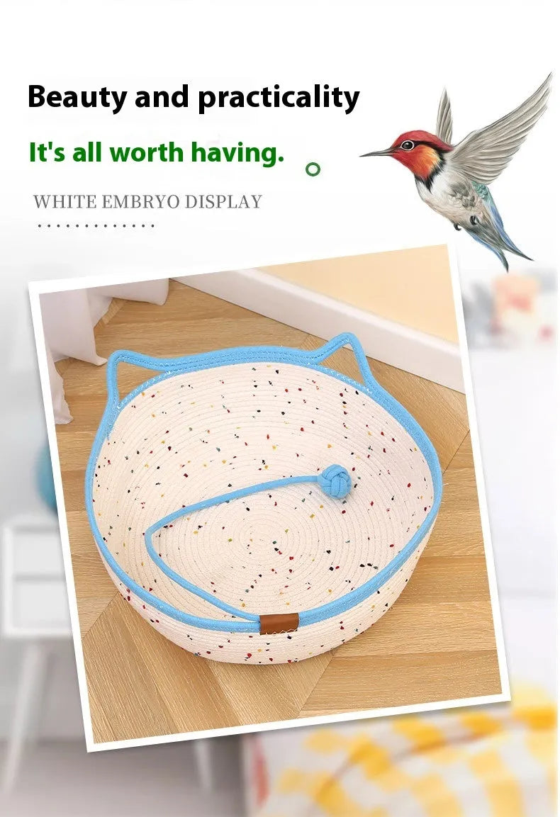 Cotton and hemp rope cat nest mat pet bed shown in small, medium, and large sizes.