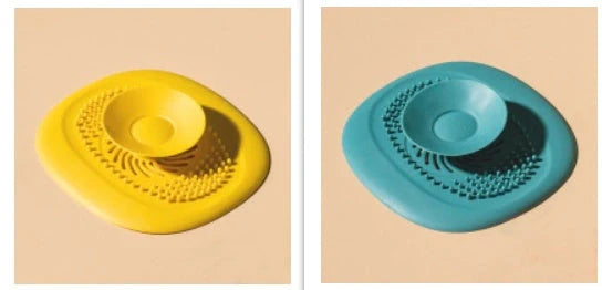 TPR vortex design sink drain cover in twilight orange, quiet blue, mango yellow, and gentian green