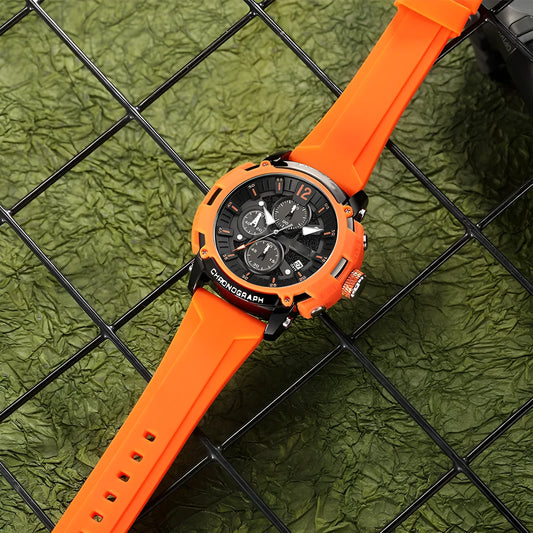 Men's multi-function digital watch with luminous display and calendar on a wrist, showing black colour option.