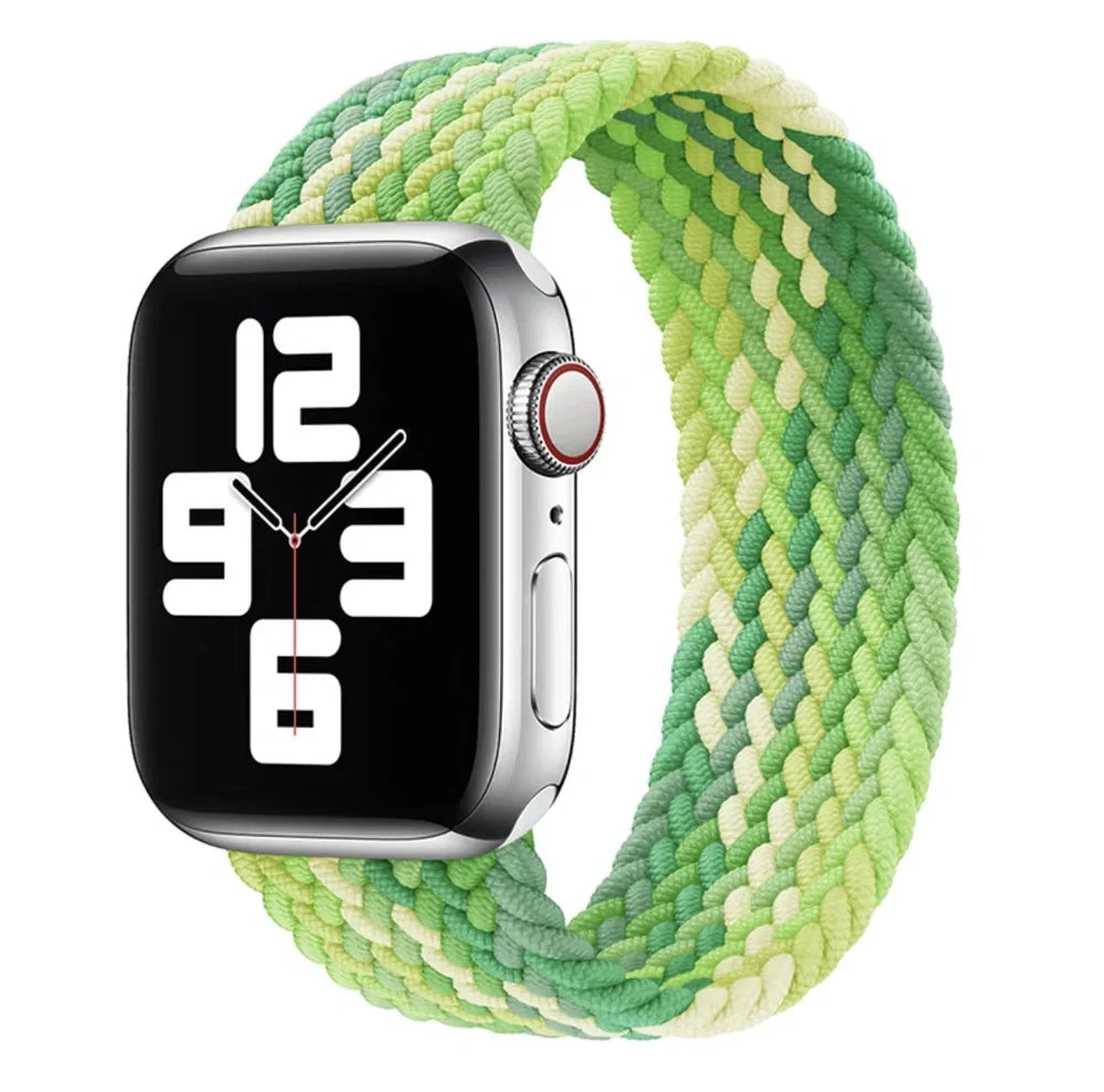 Apple Watch with elastic braided nylon strap in single-loop design showing stretch capability