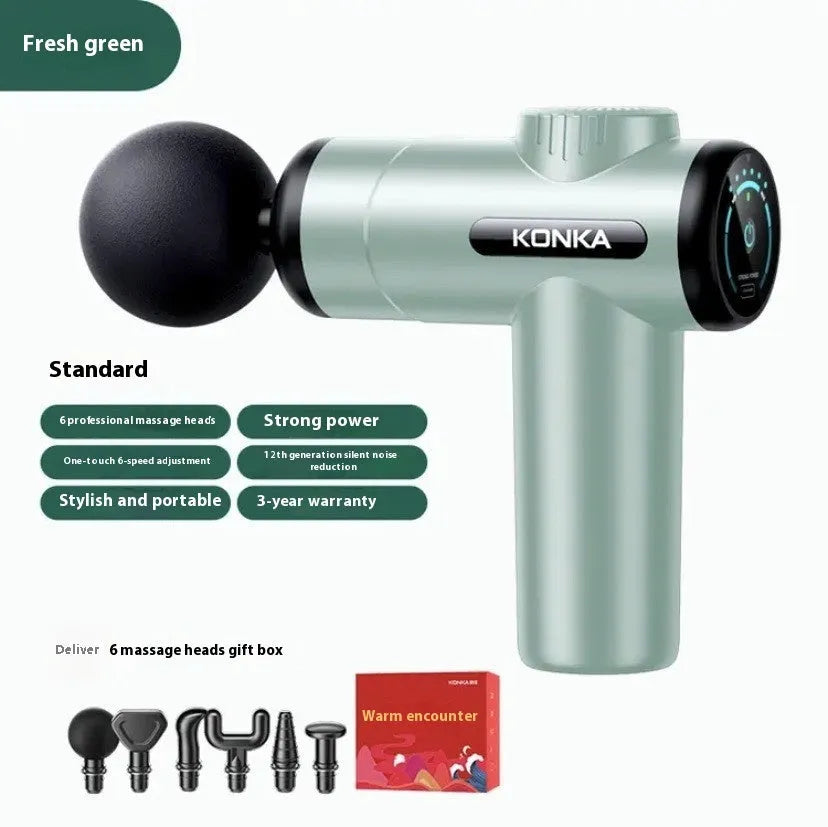 Konka V19 massage gun in grey colour with 8 silicone massage heads and charging wire