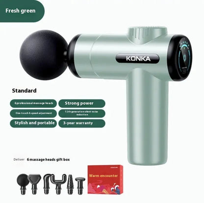 Konka V19 massage gun in grey colour with 8 silicone massage heads and charging wire