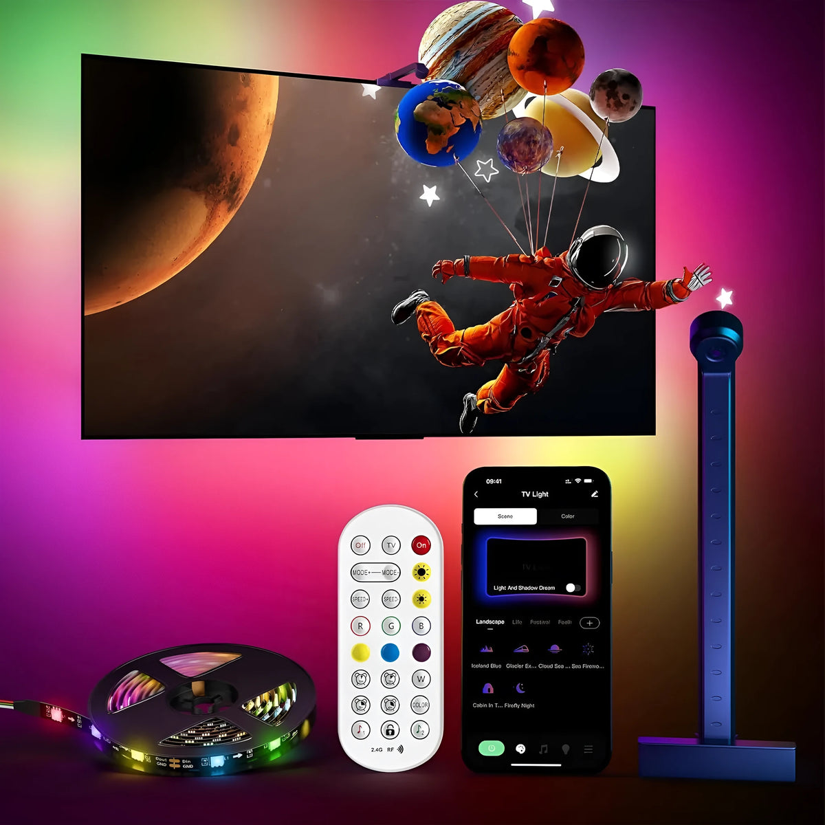 5-metre RGB LED ambience light strip with camera screen synchronisation for desktop and TV background