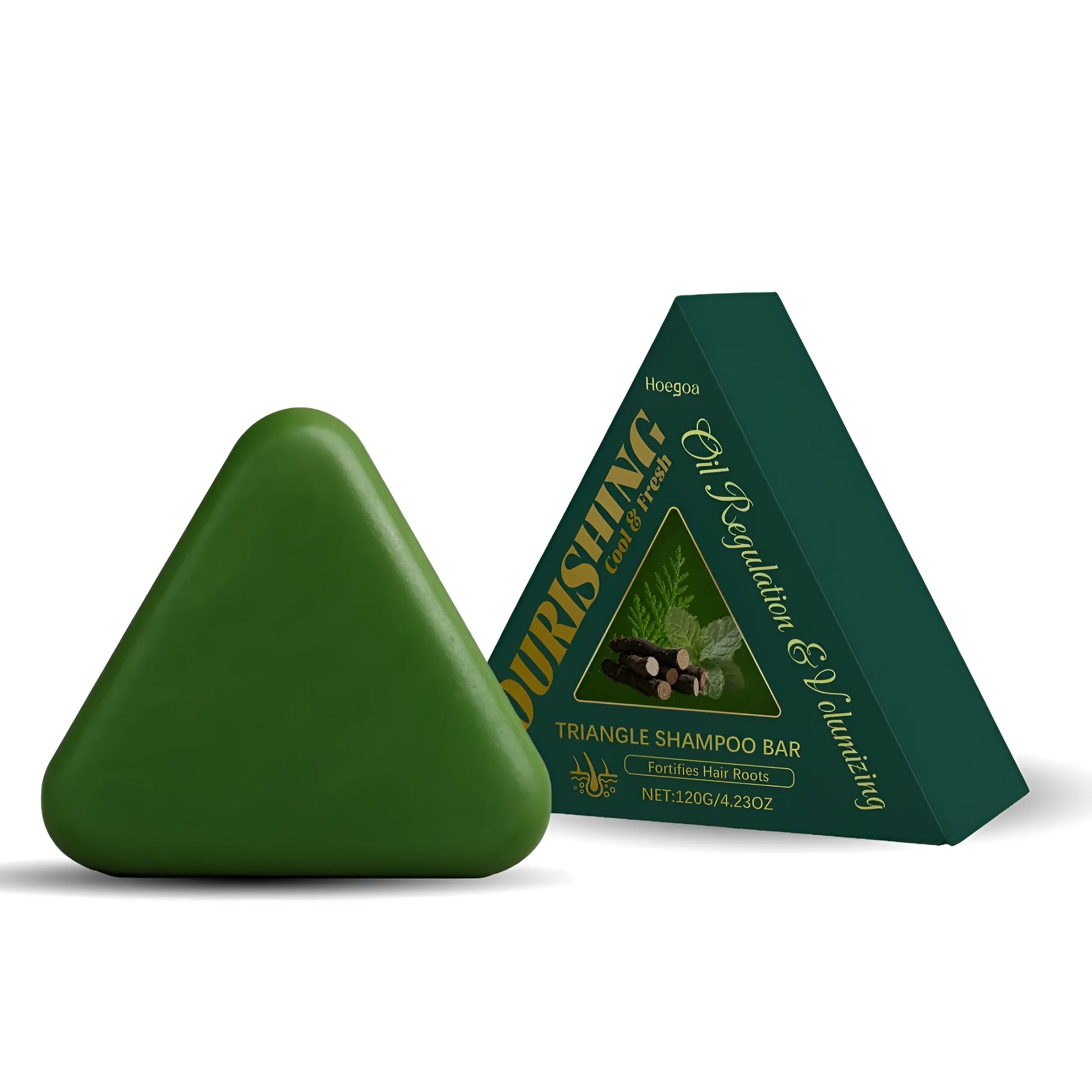 Triangular shaped solid shampoo bar weighing 120g with visible plant extracts