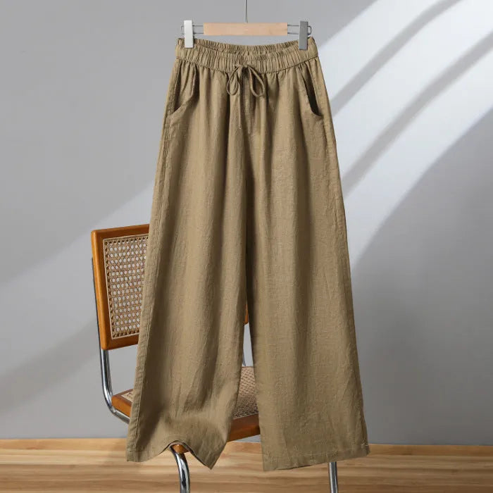 Women's straight-leg casual trousers with elastic waistband and drawstring closure in polyester fabric