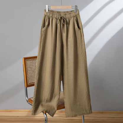 Women's straight-leg casual trousers with elastic waistband and drawstring closure in polyester fabric