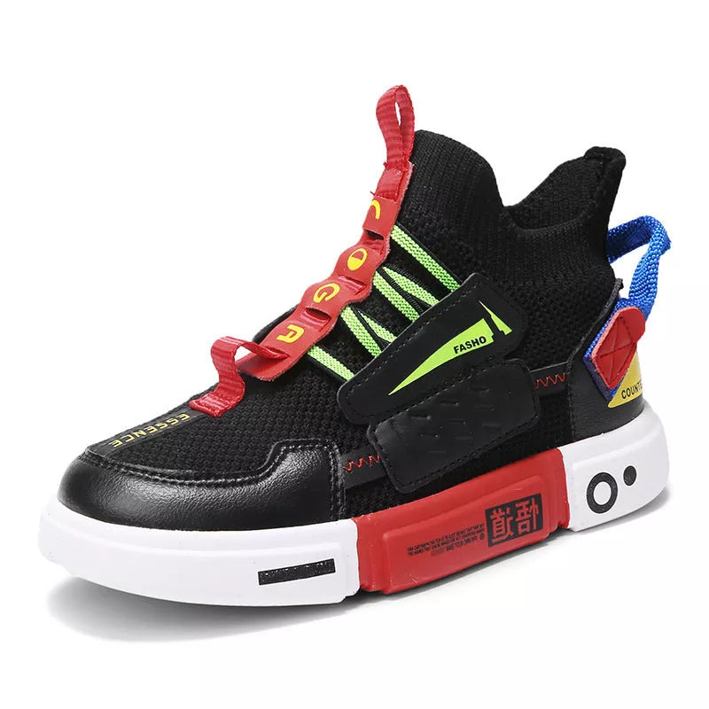 Autumn kids' high-top woven sneakers in white, black, and dark gray