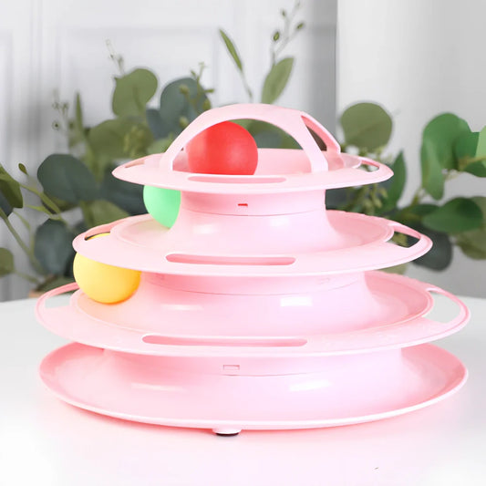 Circular tower track cat toy with rolling ball in blue and white colour option