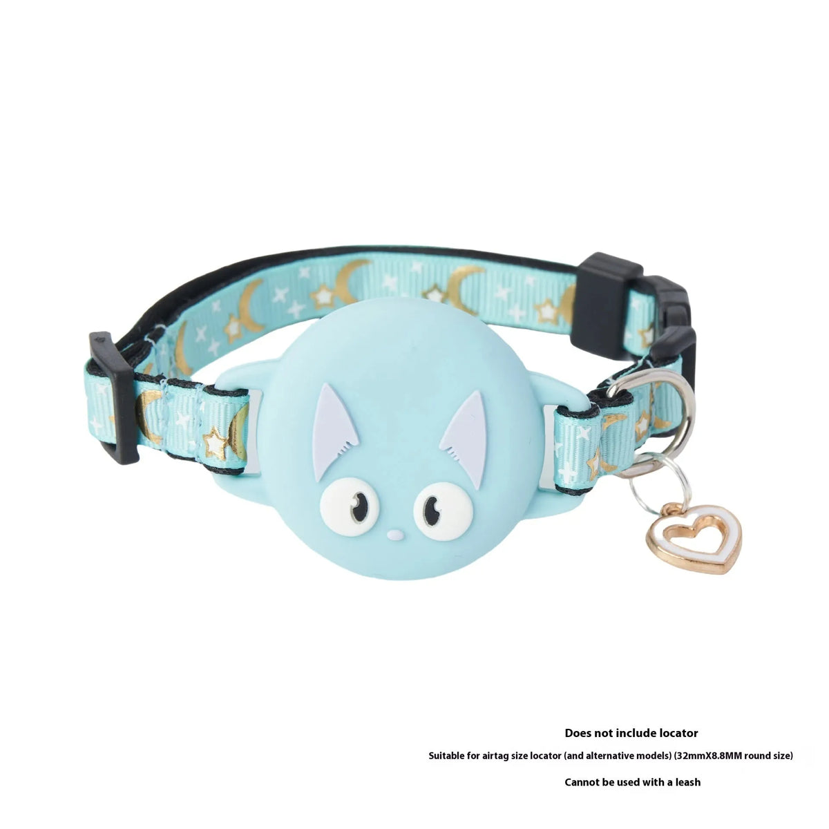Adjustable cat collar with AirTag protective case in colour-matched design showing sizing options