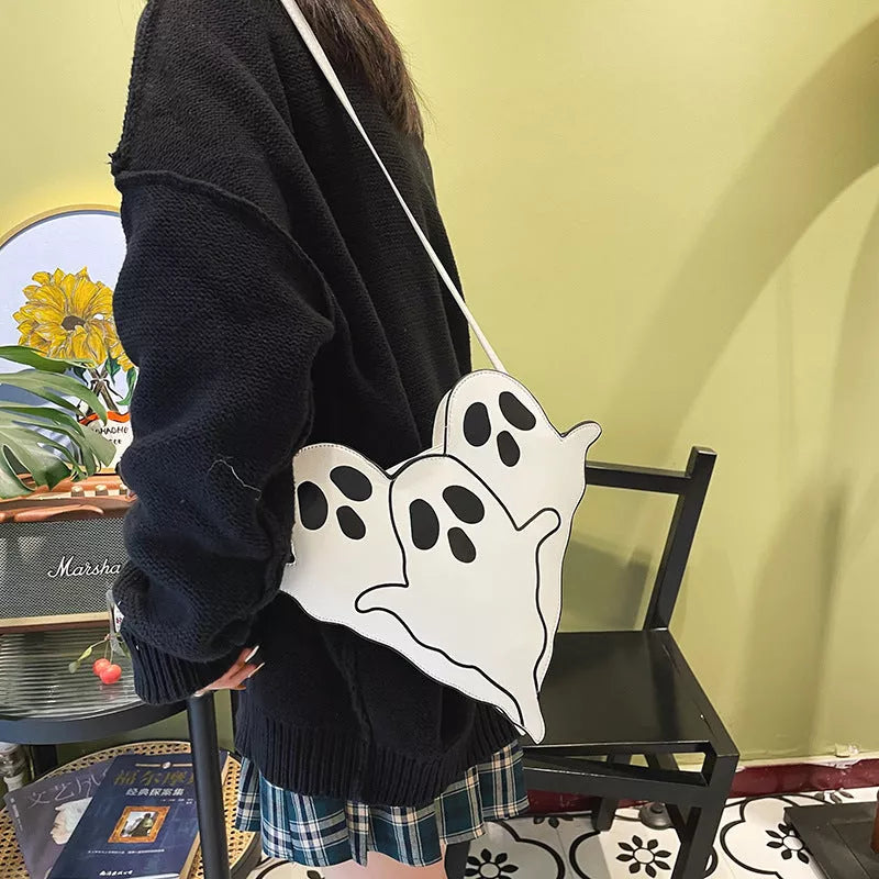 Halloween 3D ghost design PU crossbody bag for women in white, black, and green