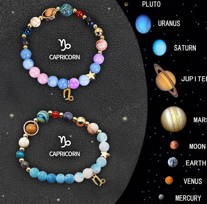 Twelve zodiac sign beaded bracelet set with natural stone beads and adjustable clasp