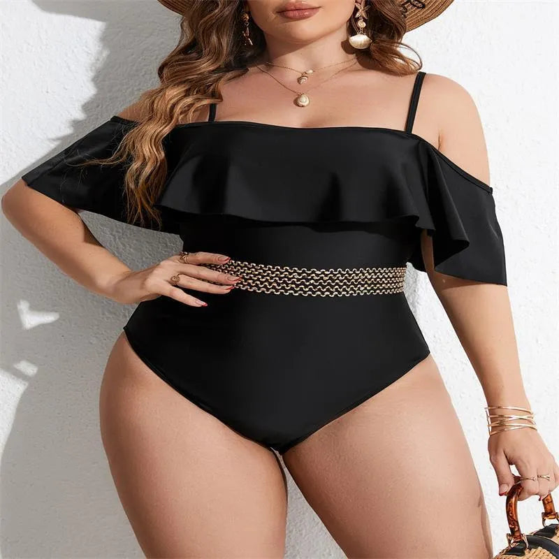 Black women's one-piece swimsuit on a mannequin, available in sizes 0XL to 4XL.