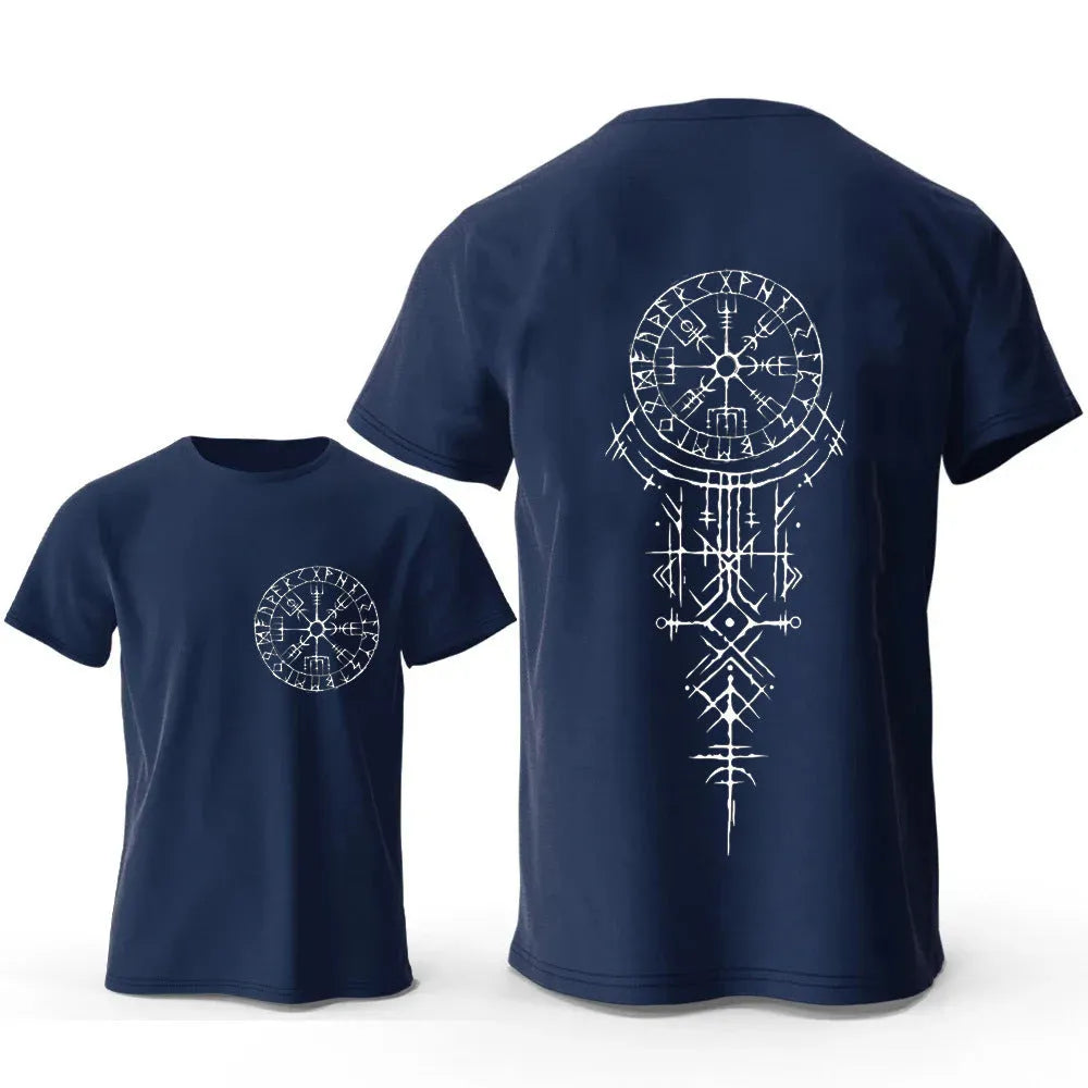 Men's grey T-shirt with a large black Viking rune compass graphic printed on the chest.