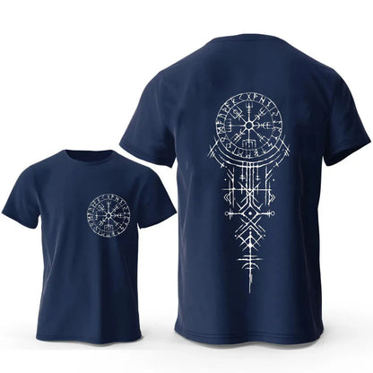 Men's grey T-shirt with a large black Viking rune compass graphic printed on the chest.