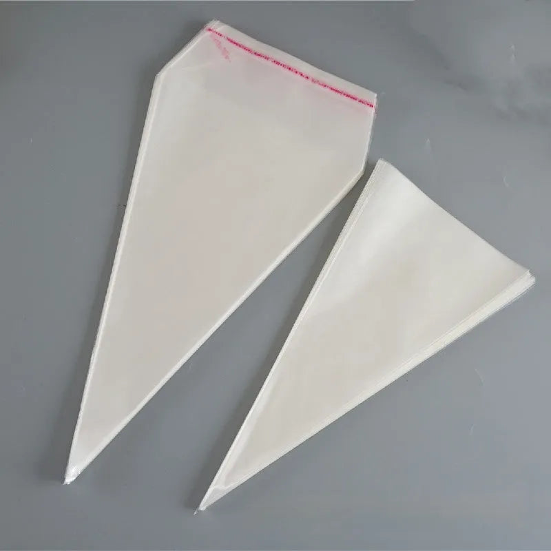 Transparent triangle plastic packaging bag with a twisted wire tie closure.