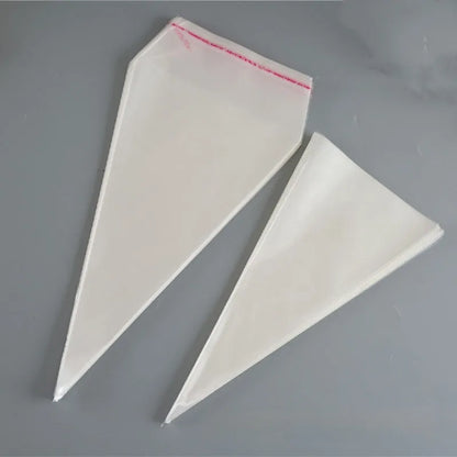 Transparent triangle plastic packaging bag with a twisted wire tie closure.