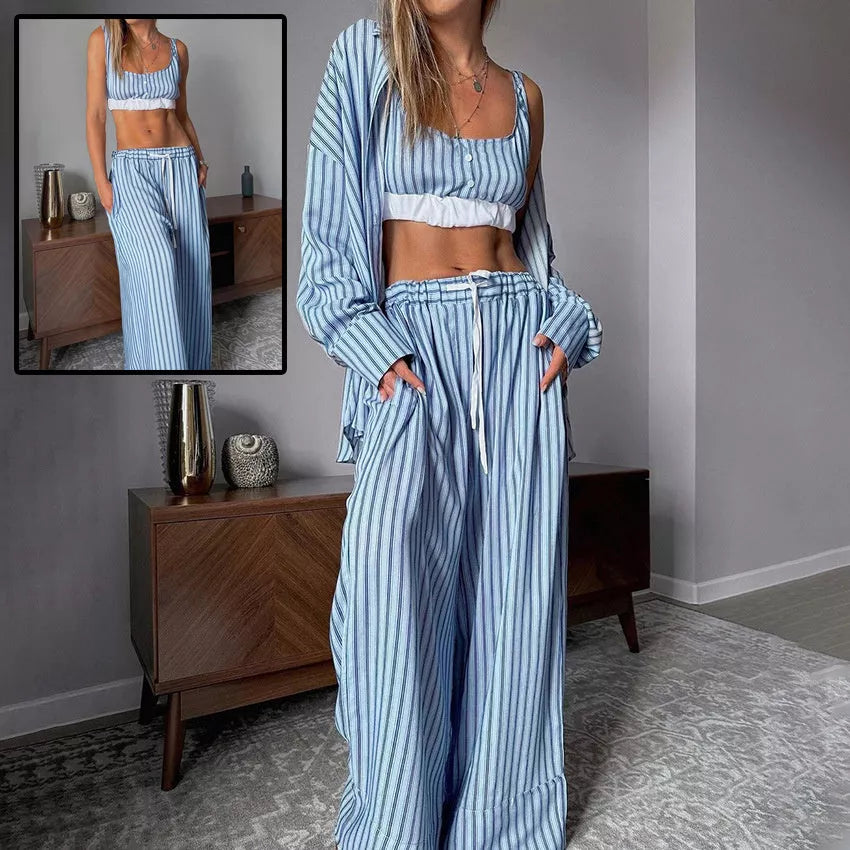 Women's Y2K aesthetic 3 piece suit with striped tank top and elastic waist trousers