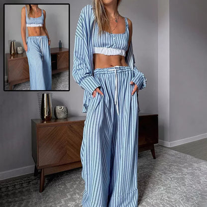 Women's Y2K aesthetic 3 piece suit with striped tank top and elastic waist trousers