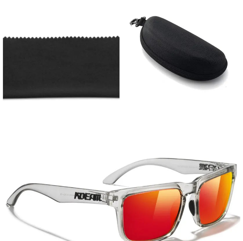 Square polarised sunglasses with TAC lenses and a PC frame, shown in one of 12 available colour options.