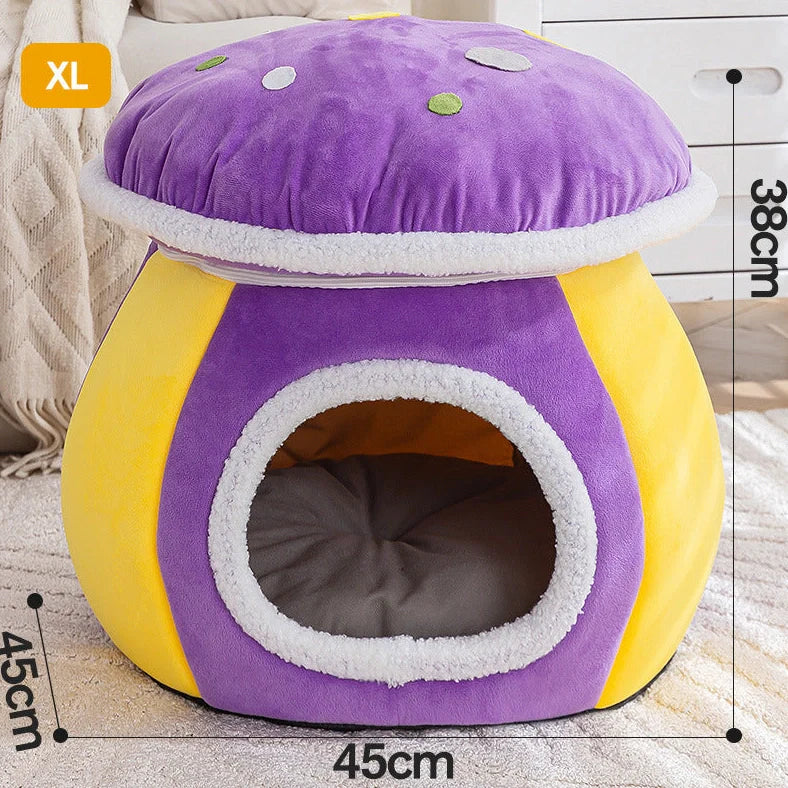 Grey mushroom-shaped cat bed with detachable thermal blanket showing 2.5cm thick plush interior