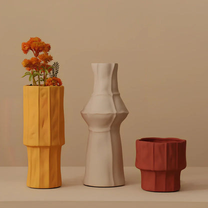 Morandi glazed ceramic geometric vase in soft colours with matte finish