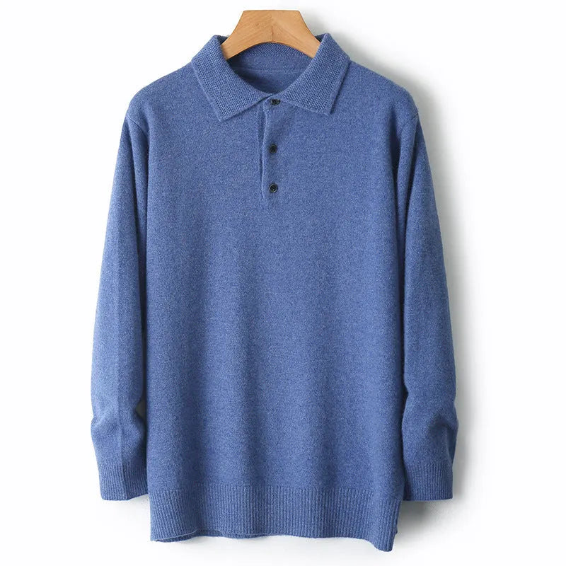Men's wool sweater with a polo collar and long sleeves, shown in one of seven available colours.