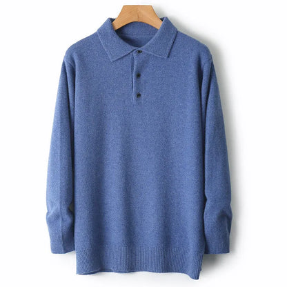 Men's wool sweater with a polo collar and long sleeves, shown in one of seven available colours.