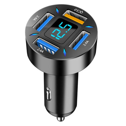 Four-port USB car charger with LED digital display showing voltage, compact black design for vehicle power socket