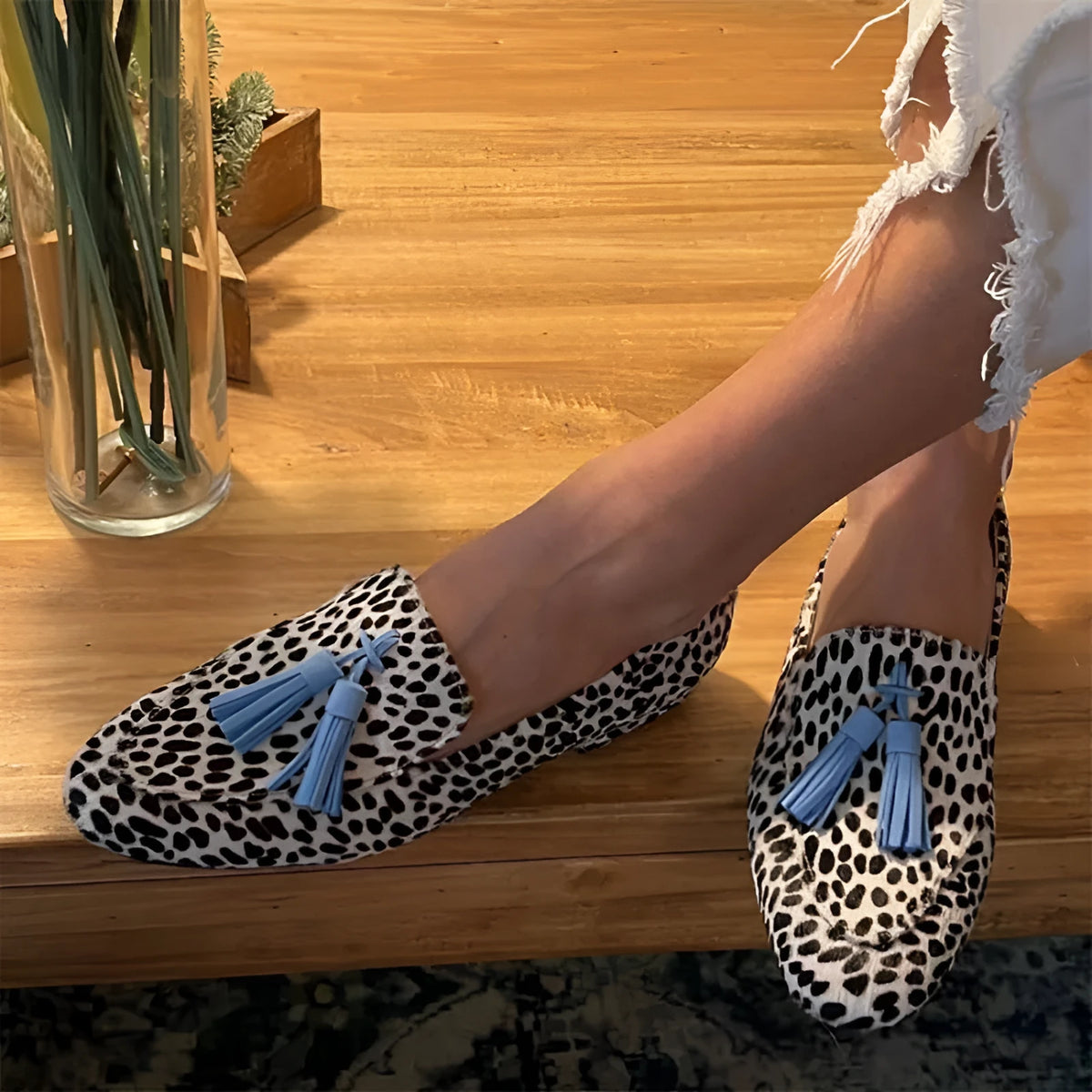 Women's leopard print low-cut casual loafers with flat heel and round toe, sizes 34-43