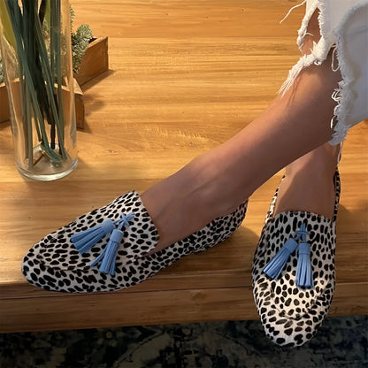 Women's leopard print low-cut casual loafers with flat heel and round toe, sizes 34-43