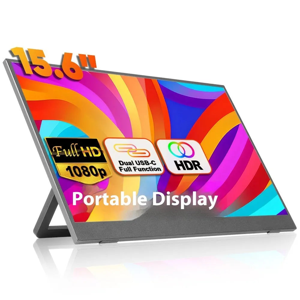 Black 15.6-inch portable computer monitor on its adjustable stand, showing a desktop application on its Full HD IPS screen.