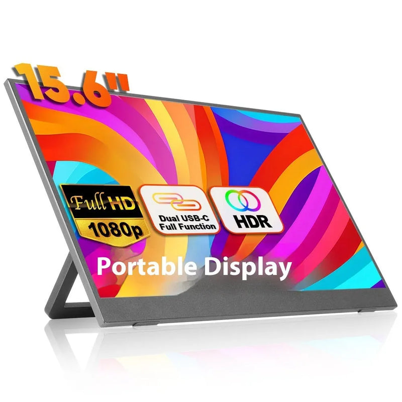 15.6-inch portable monitor with adjustable stand, black colour, 1920x1080 Full HD IPS screen, 300cd/m2 brightness, USB and HDMI connectivity for office use and mobile computing.