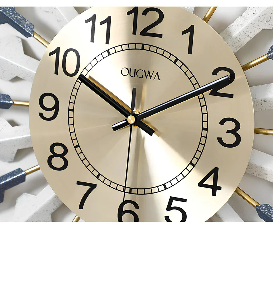 Metal wall clock with pointer and number display showing battery-powered seconds-sweeping movement