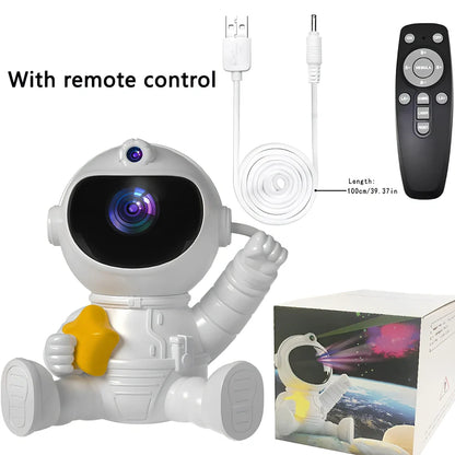 Astronaut-shaped projection lamp with starry display showing seven colour options and remote control