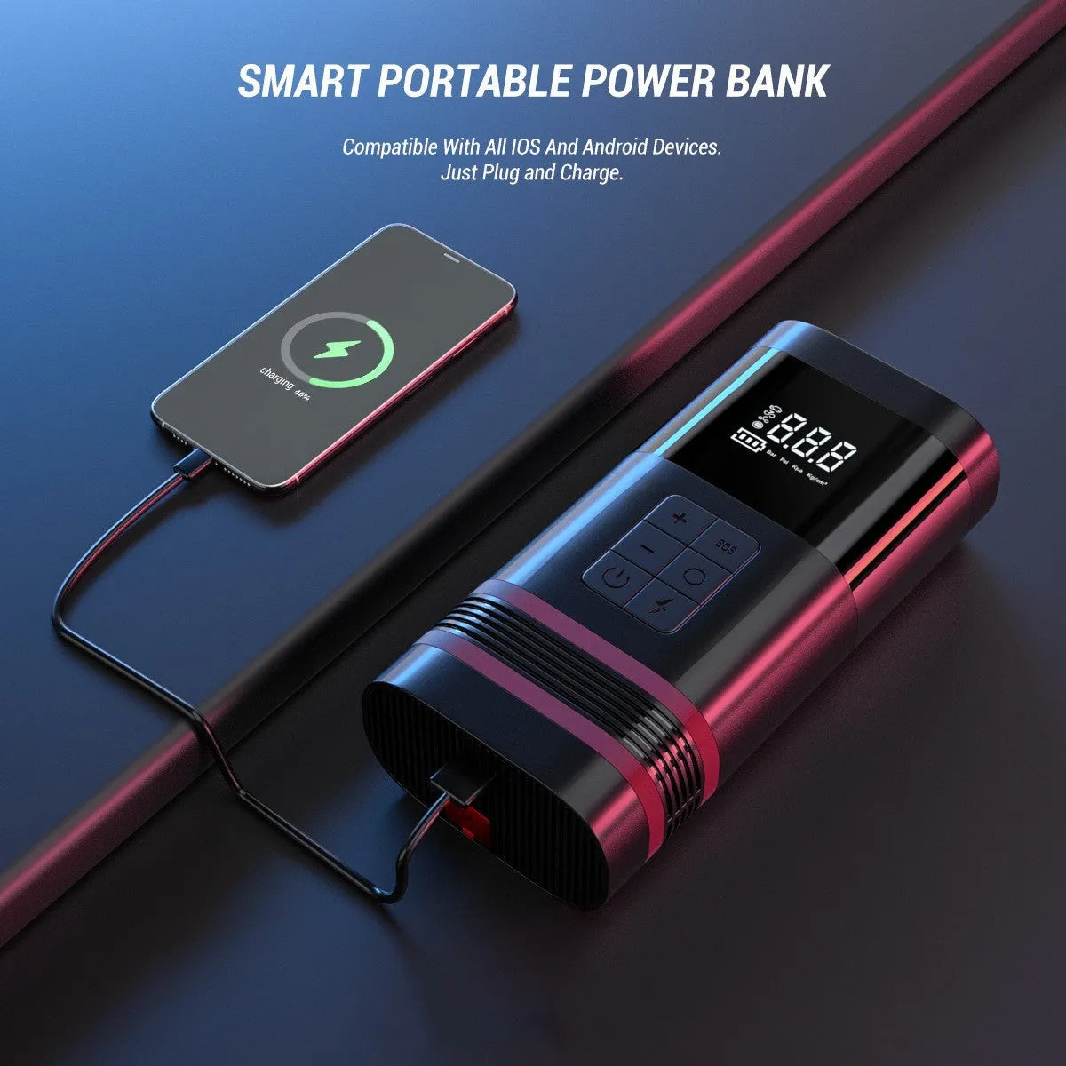 Black wireless car jump starter power bank with emergency lighting and USB charging ports