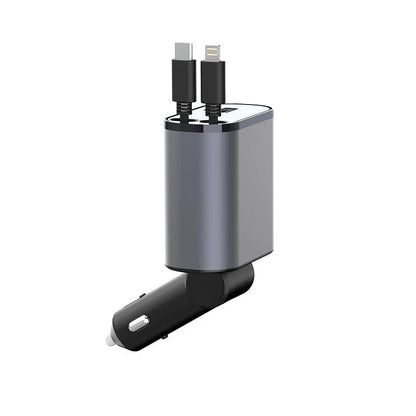 A sleek, metal 100W car charger with USB and Type-C ports for fast charging on the go